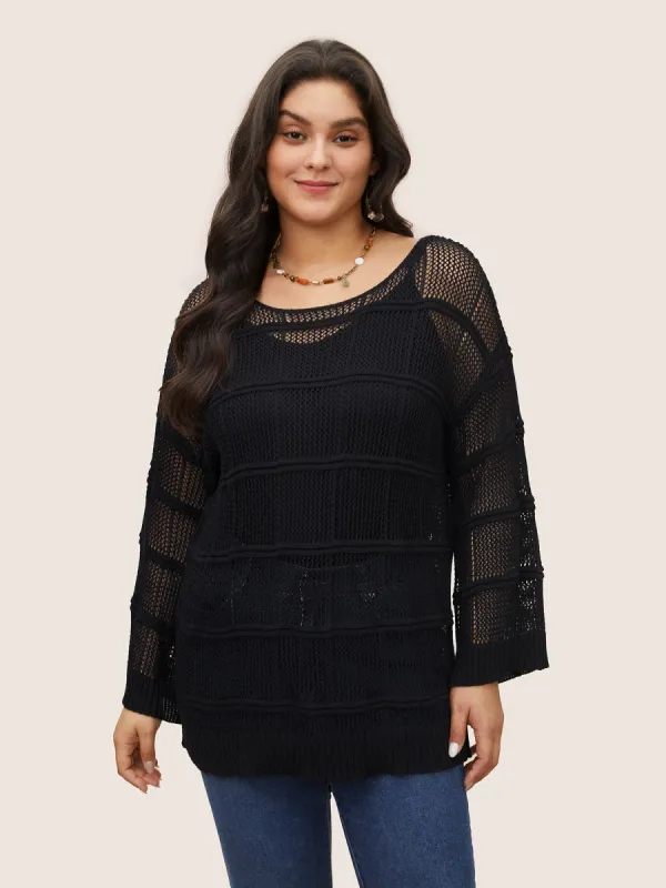 Striped Hollow Out Bell Sleeve Pullover sold by Bloomchic
