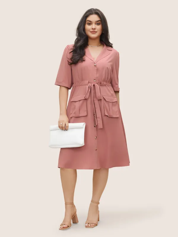 Solid Patched Pocket  Ties Gathered Dress sold by Bloomchic