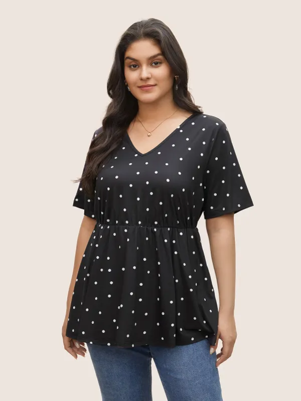 V Neck Polka Dot Elastic Waist T-shirt sold by Bloomchic