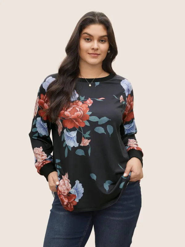 Floral Print Raglan Sleeve Rib Knit Sweatshirt sold by Bloomchic