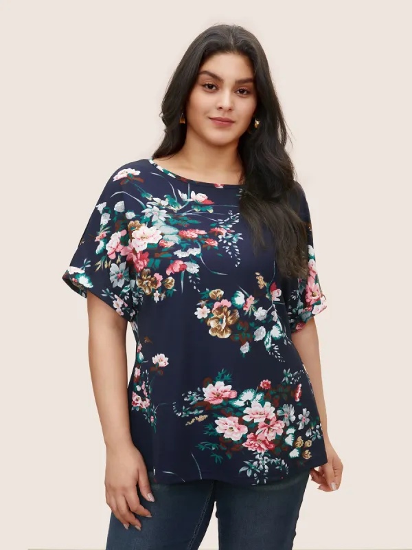 Floral Print Crew Neck Cuffed Sleeve T-shirt sold by Bloomchic