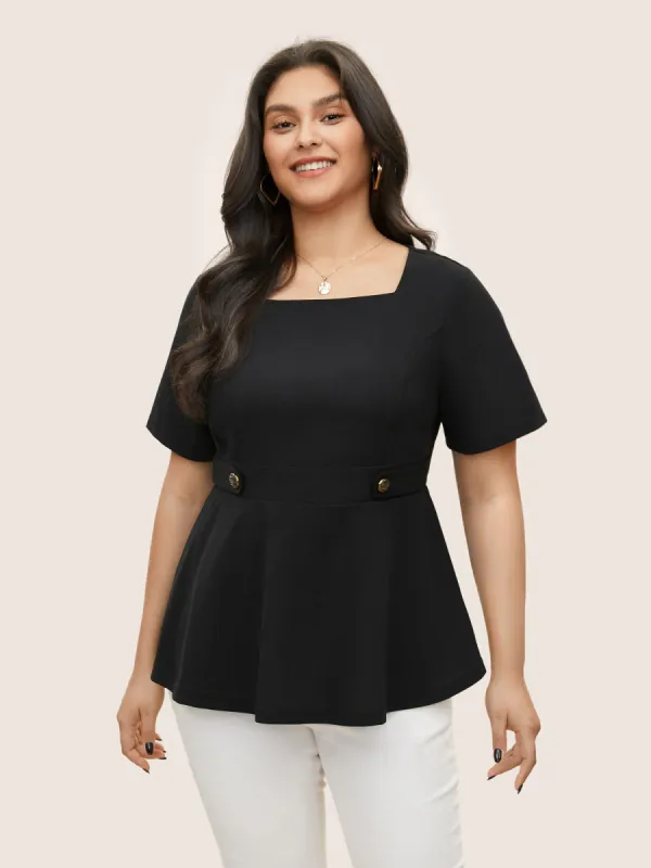 Square Neck Waist Tab Gathered Blouse sold by Bloomchic