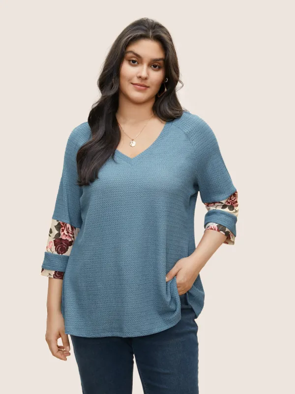 Textured Patchwork Floral Raglan Sleeve T-shirt sold by Bloomchic