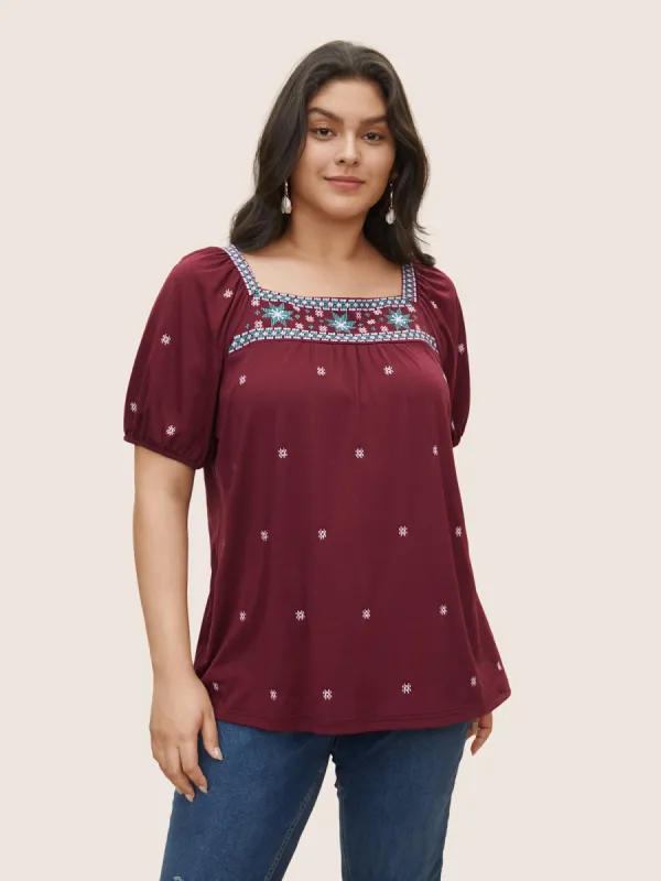 Bandana Embroidered Puff Sleeve Gathered T-shirt sold by Bloomchic