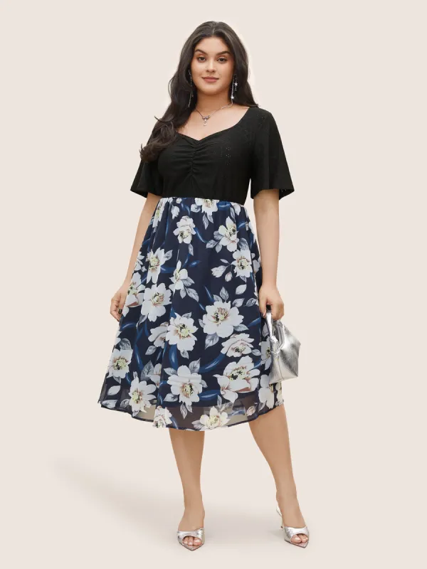 Chiffon Floral Patchwork Ruched Hollow Out Dress sold by Bloomchic