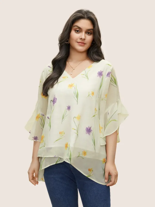 Floral Tiered Mesh Asymmetrical Hem Blouse sold by Bloomchic