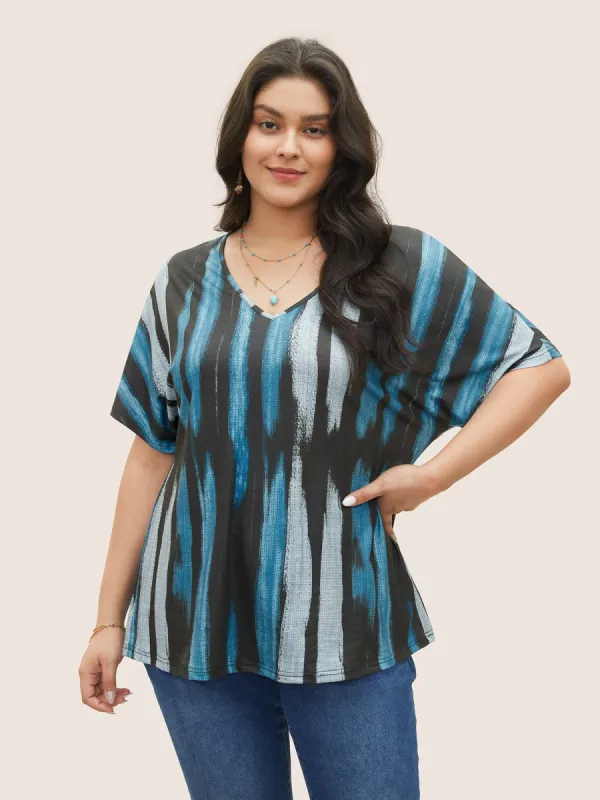 Striped Contrast Dolman Sleeve V Neck T-shirt sold by Bloomchic