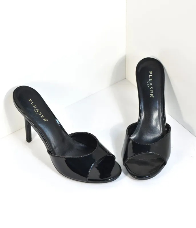 Black Patent Leatherette Peep Toe Slip On Heels sold by Unique Vintage