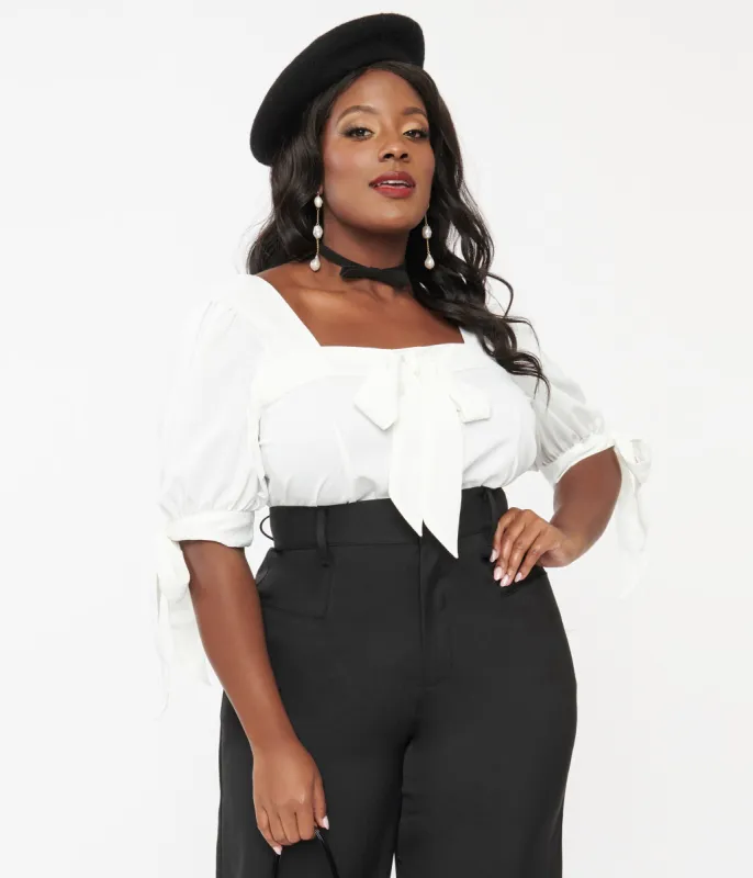 Unique Vintage Plus Size 1950s White Bow Fitted Top sold by Unique Vintage