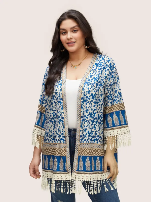 Boho Print Lace Panel Patchwork Tassel Trim Kimono sold by Bloomchic