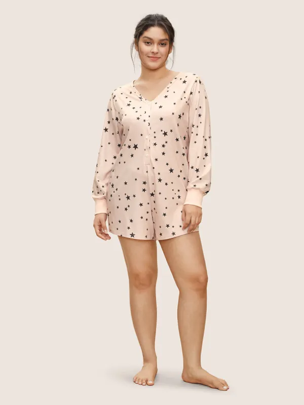 Star Button Up V Neck Sleep Jumpsuit sold by Bloomchic