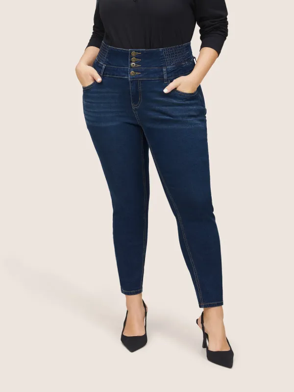 Buckle Detail Shirred High Rise Jeans sold by Bloomchic