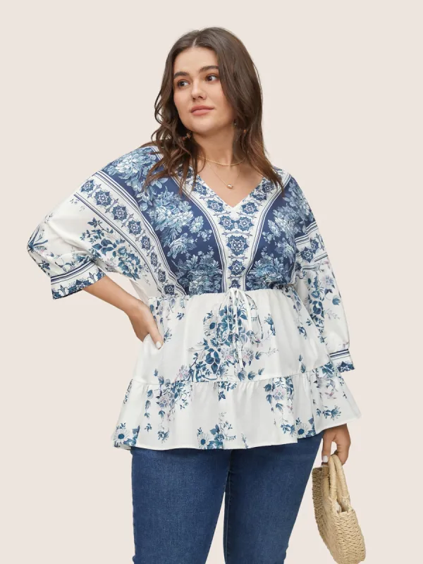 Boho Print Elastic Waist Ties Gathered Blouse sold by Bloomchic