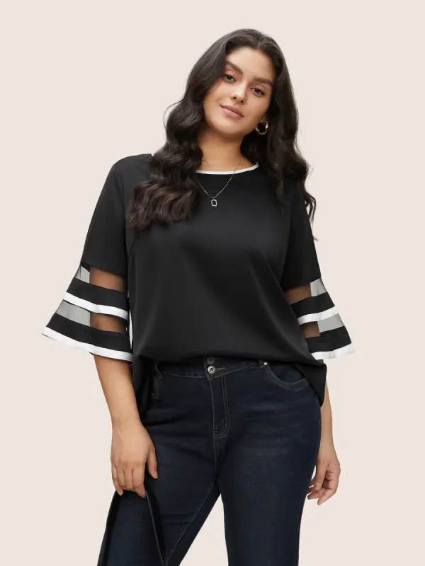 Contrast Patchwork Mesh Bell Sleeve Blouse sold by Bloomchic