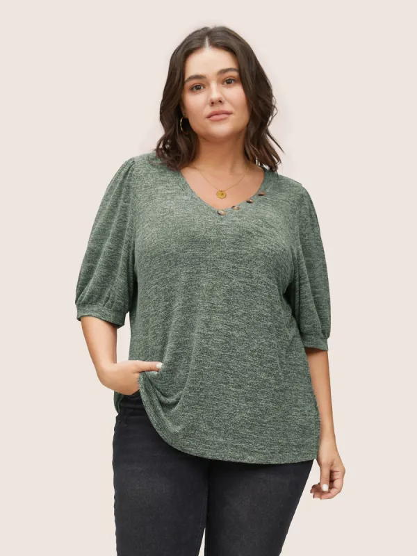 Heather Button Detail Puff Sleeve T-shirt sold by Bloomchic