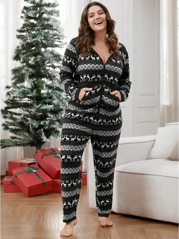 Elk & Snowflake Print Pocket Drawstring Zipper Hooded Jumpsuit sold by Bloomchic