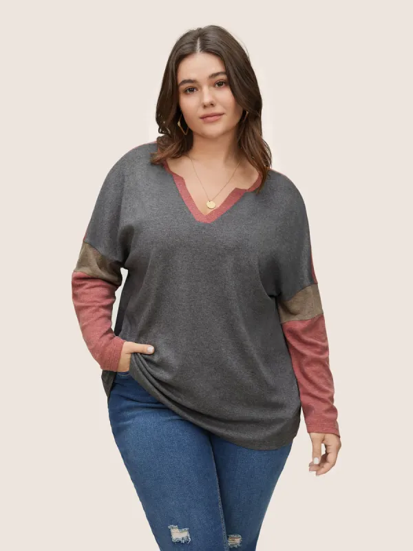 Colorblock Patchwork Batwing Sleeve Notched T-shirt sold by Bloomchic