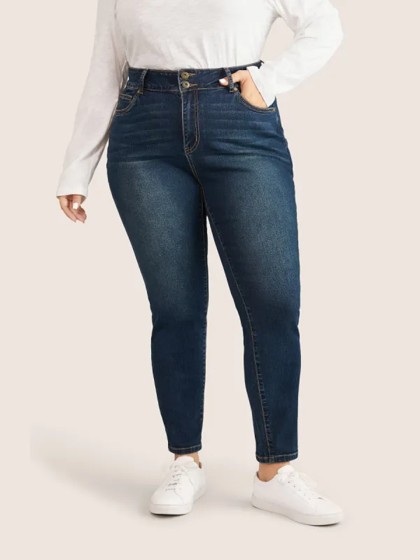 Dark Wash High Rise Double Breasted jeans sold by Bloomchic