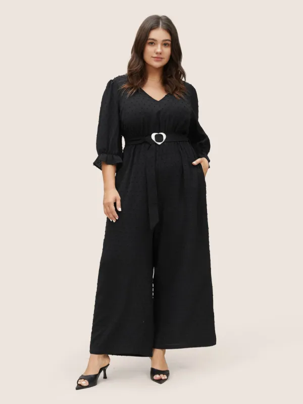 Solid Texture Heart Buckle Detail Belted Jumpsuit sold by Bloomchic