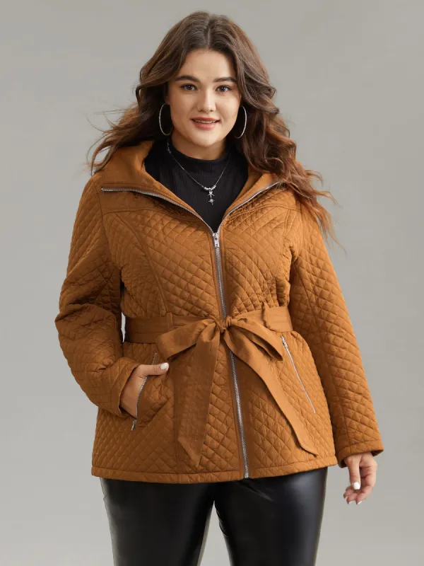 Plisse Quilted Zipper Fly Belted Padded Jacket sold by Bloomchic