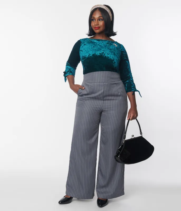 Unique Vintage Plus Size 1940s Grey Pinstripe High Waist Pants sold by Unique Vintage