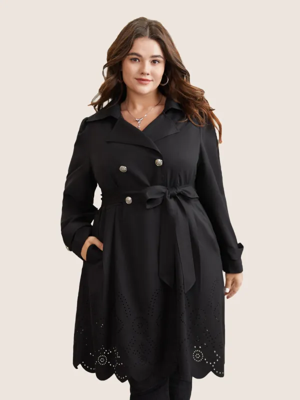 Plain Double Breasted Belted Laser Cut Coat sold by Bloomchic