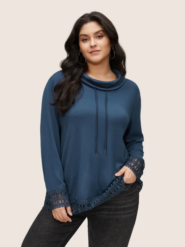 Plain Lace Patchwork Lapel Collar Drawstring T-shirt sold by Bloomchic