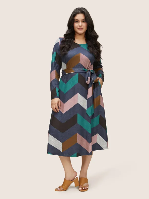Crew Neck Contrast Colorblock Belted Dress sold by Bloomchic