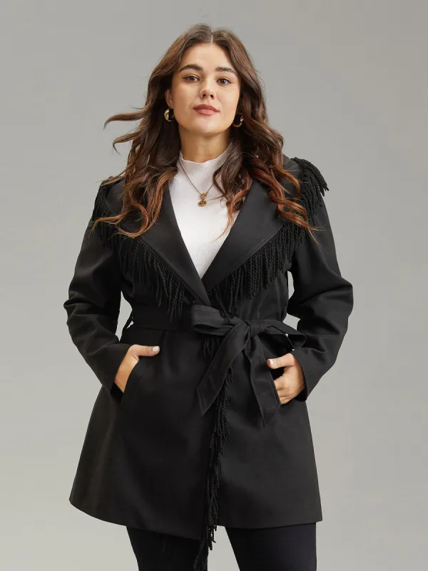 Tassels Trim Plain Lapel Collar Belted Coat sold by Bloomchic