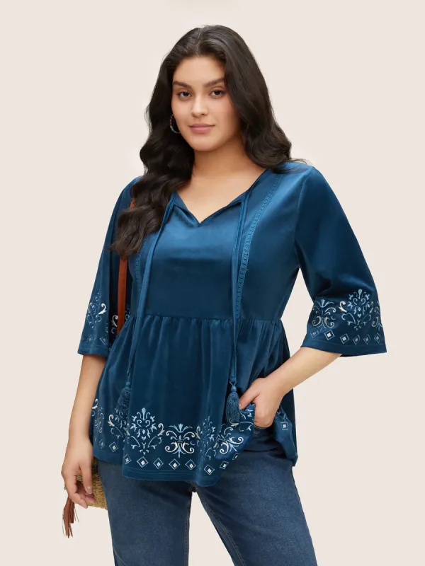 Velvet Contrast Embroidered Tassels Ties Blouse sold by Bloomchic