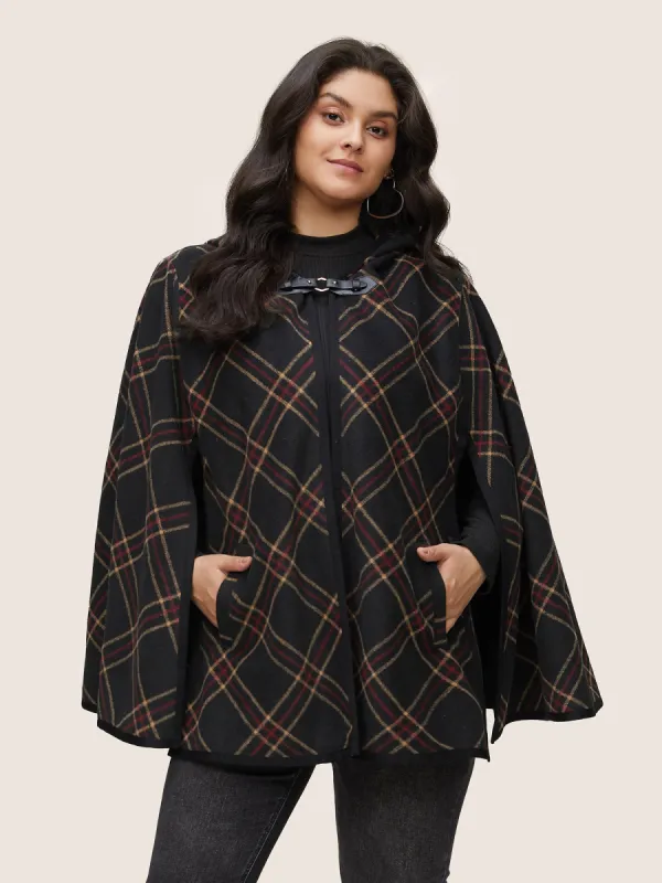 Plaid Buckle Detail Hooded Cape Kimono sold by Bloomchic