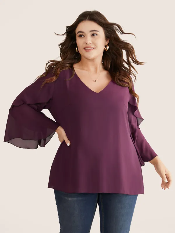 Anti-Wrinkle Tiered Flounce Sleeve Chiffon Blouse sold by Bloomchic
