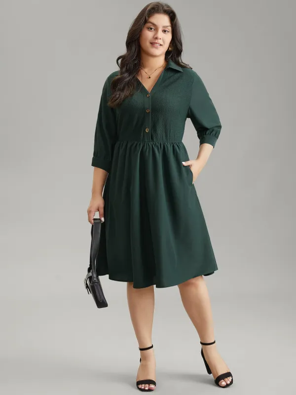 Lapel Collar Elastic Waist Button Detail Midi Dress sold by Bloomchic