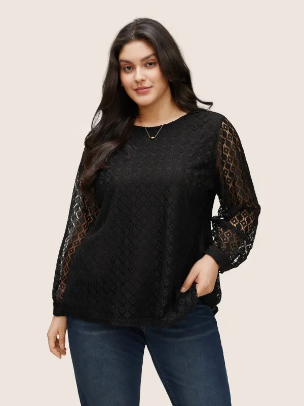 Geometric Lace Panel Round Neck Blouse sold by Bloomchic