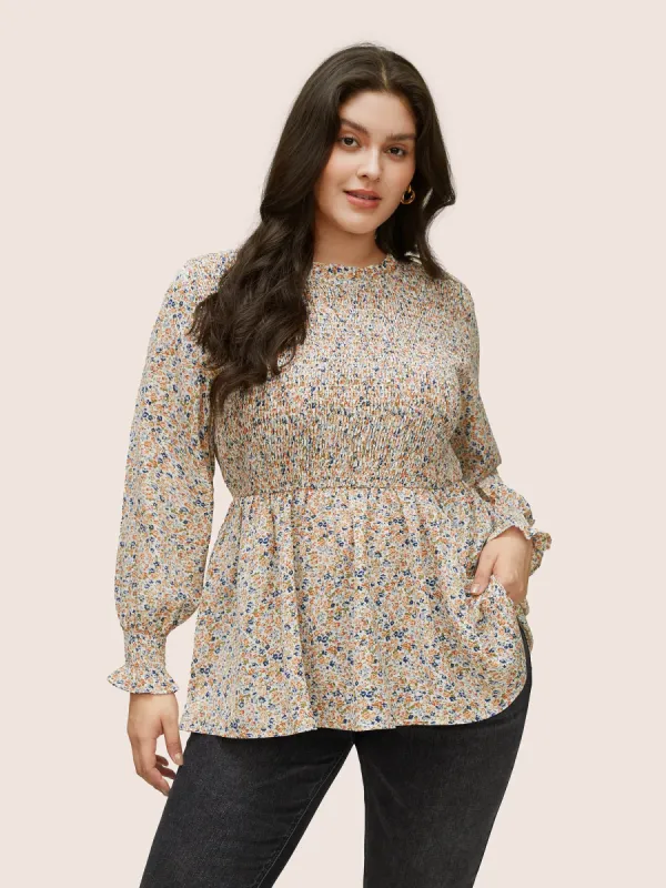 Ditsy Floral Shirred Elastic Waist Puff Sleeve Blouse sold by Bloomchic