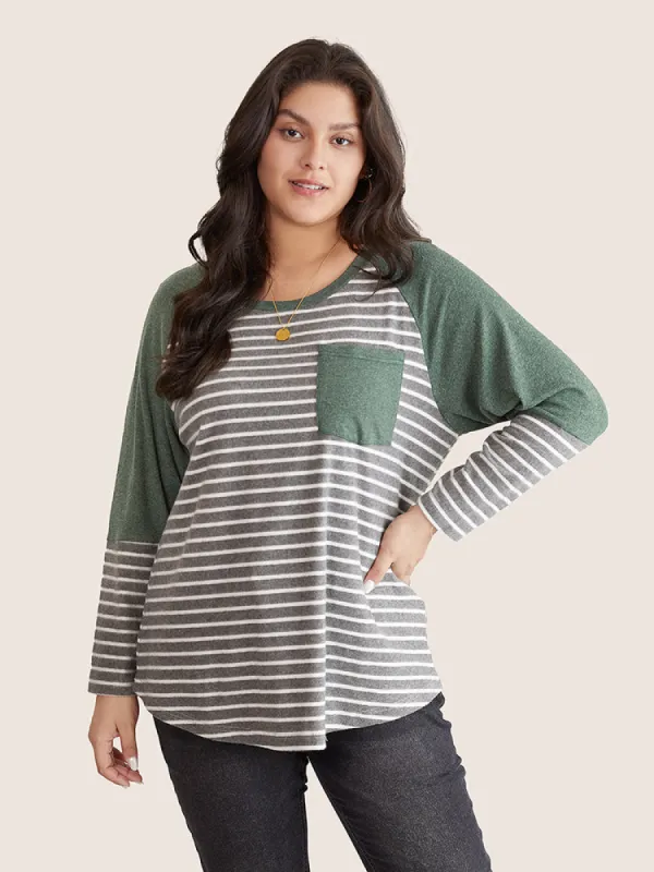 Patchwork Striped Patched Pocket Raglan Sleeve T-shirt sold by Bloomchic