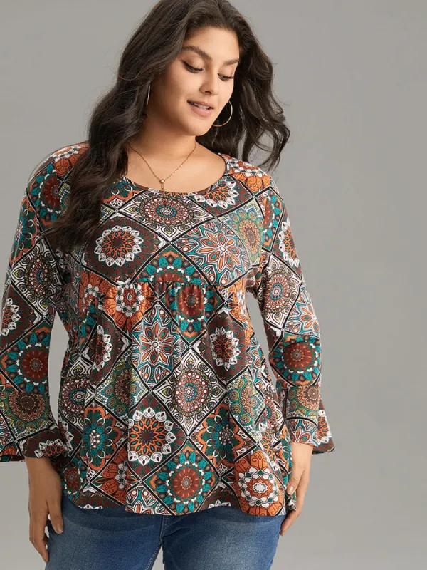 Moroccan Print Crew Neck Bell Sleeve T-shirt sold by Bloomchic