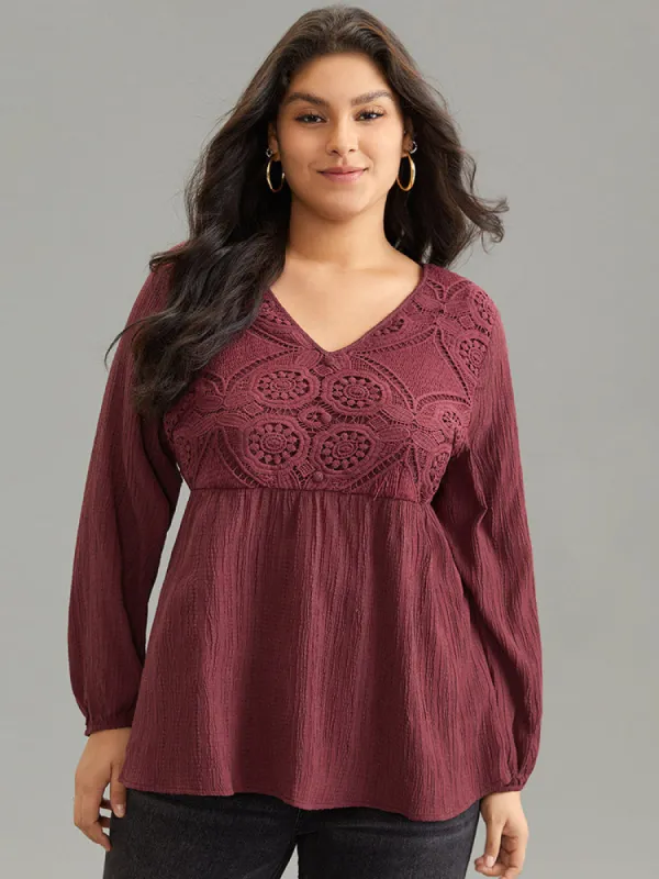 Solid Crochet Lace Button Detail Blouse sold by Bloomchic