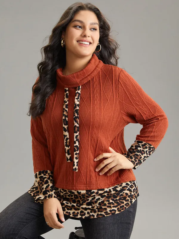 Leopard Patchwork Turtleneck Arc Hem Jacquard Sweatshirt sold by Bloomchic