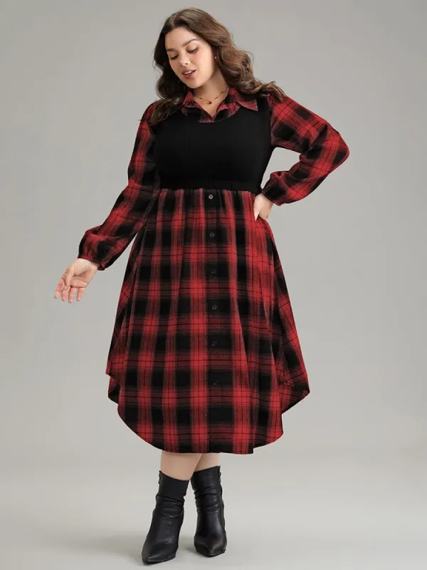 Plaid Patchwork Jacquard Button Detail Arc Hem Dress sold by Bloomchic