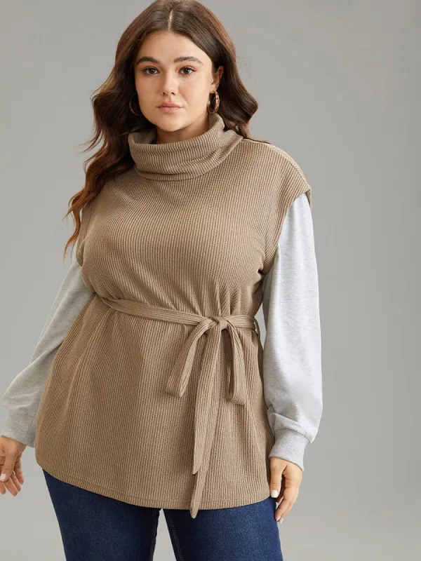 2-In-1 Turtleneck Texture Patchwork Belted Sweatshirt sold by Bloomchic