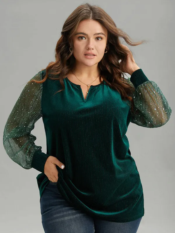 Velvet Patchwork Mesh Sequin Notched T-shirt sold by Bloomchic