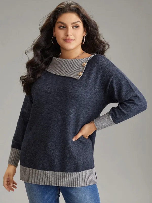 Two Tone Button Detail Lapel Collar Pullover sold by Bloomchic