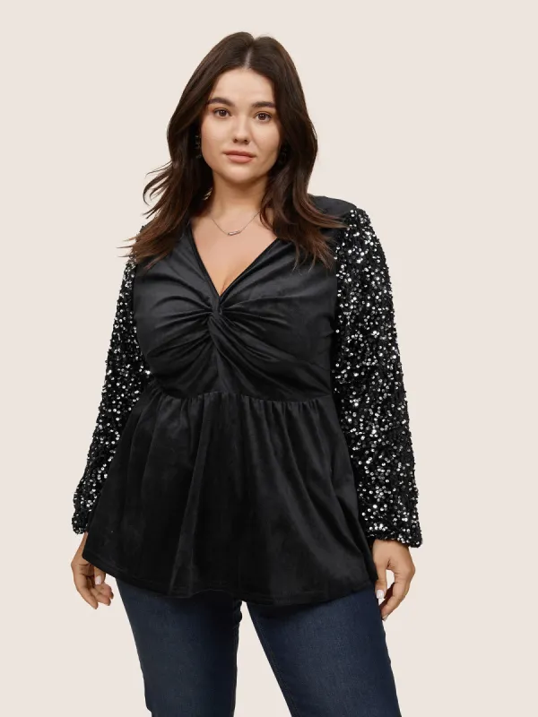 Patchwork Velvet Twist Front Elastic Waist Sequin Blouse sold by Bloomchic