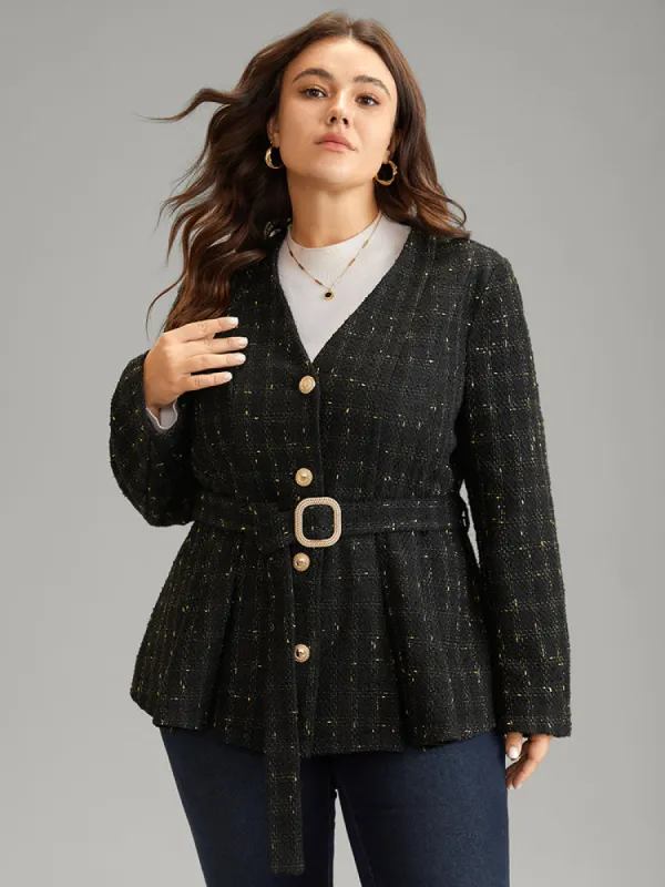 Tweed Metal Detail Belted V Neck Blazer sold by Bloomchic