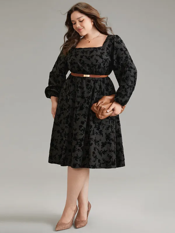 Silhouette Floral Print Flocking Square Neck Gathered Dress sold by Bloomchic