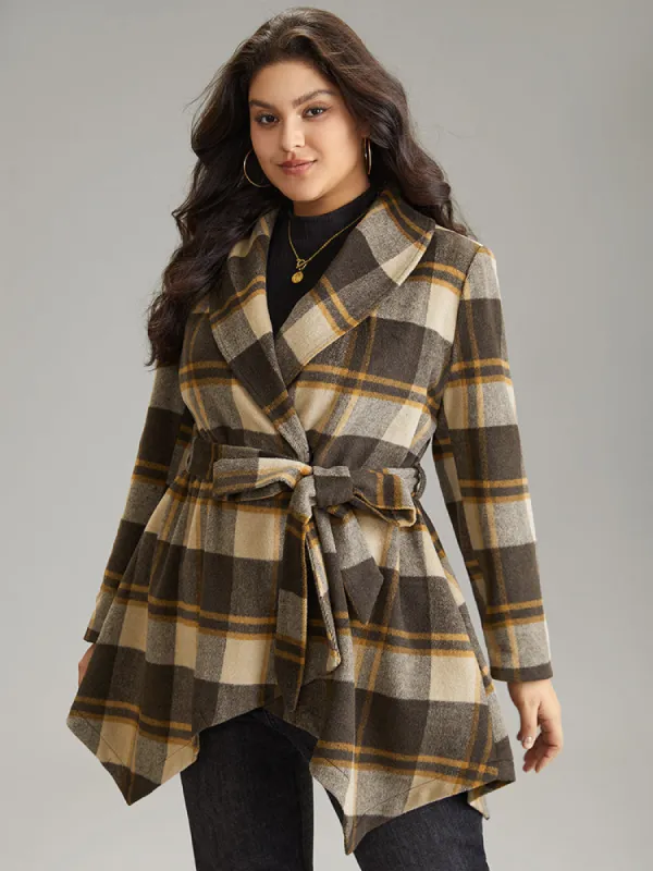 Plaid Belted Lapel Collar Hanky Hem Coat sold by Bloomchic