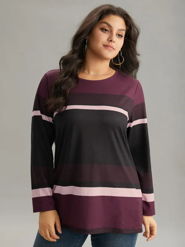 Striped Colorblock Contrast Round Neck T-shirt sold by Bloomchic