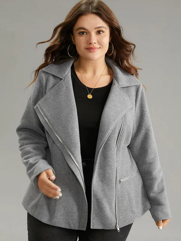 Solid Zipper Asymmetrical Pocket Lapel Collar Coat sold by Bloomchic