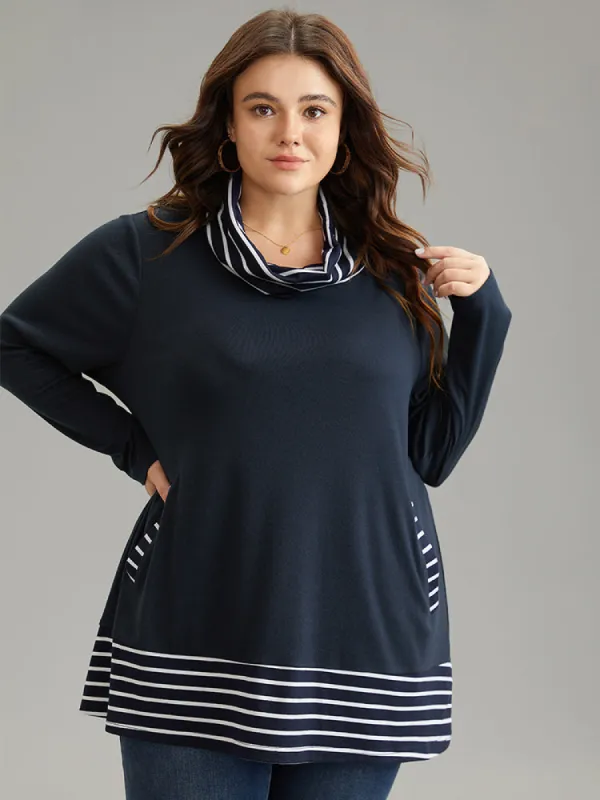 Striped Patchwork Pocket Turtleneck T-shirt sold by Bloomchic